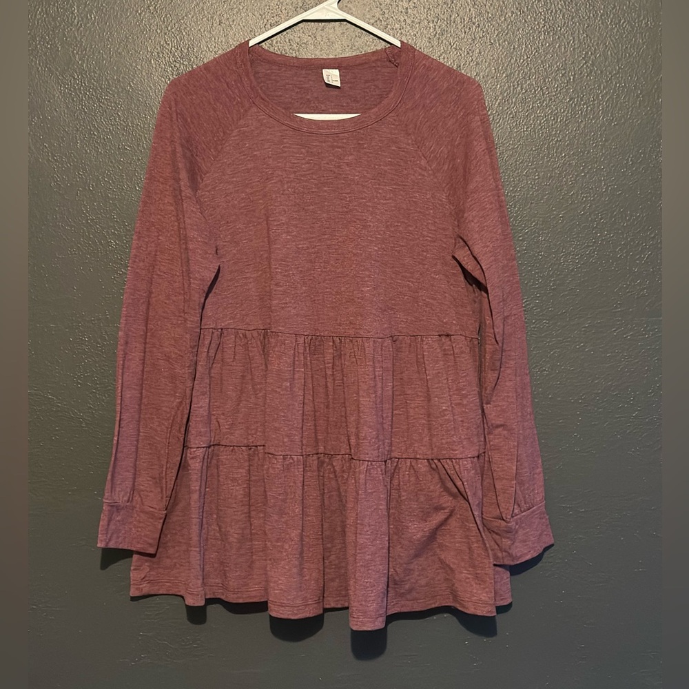 Heathered Maroon Long-Sleeve Tiered Peplum Top
